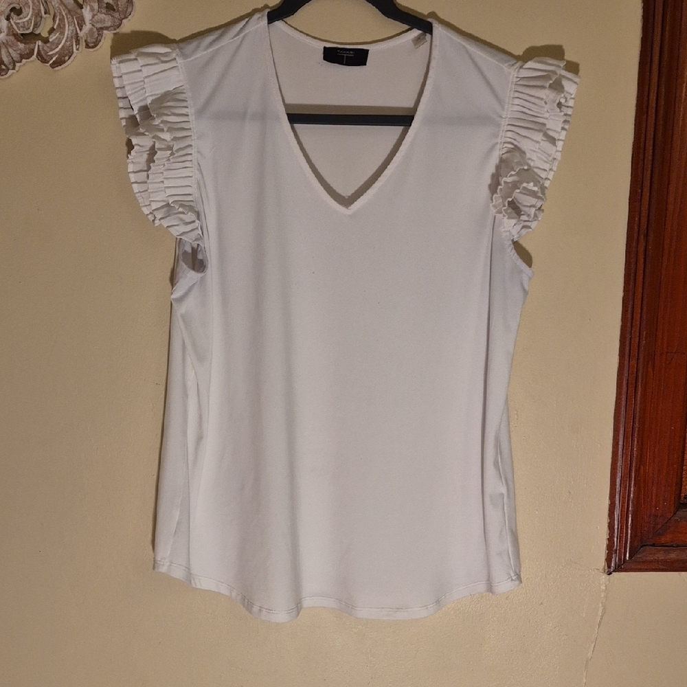 Tahari White Ruffle Sleeve V-Neck Blouse